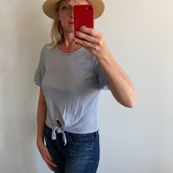 Blue & White Stripe Ruffle Sleeve Top - Picture 4 of 10